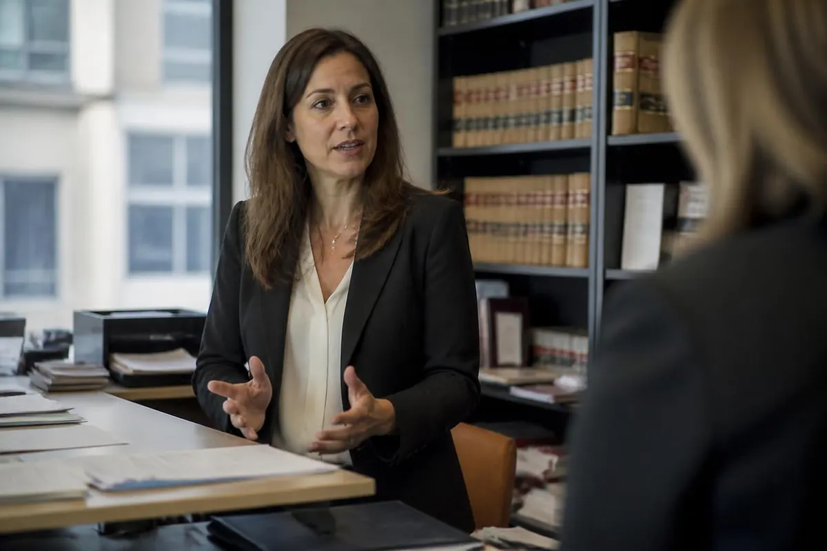 Attorney seated at a desk in a law office speaking with a colleague. Illustrative image.