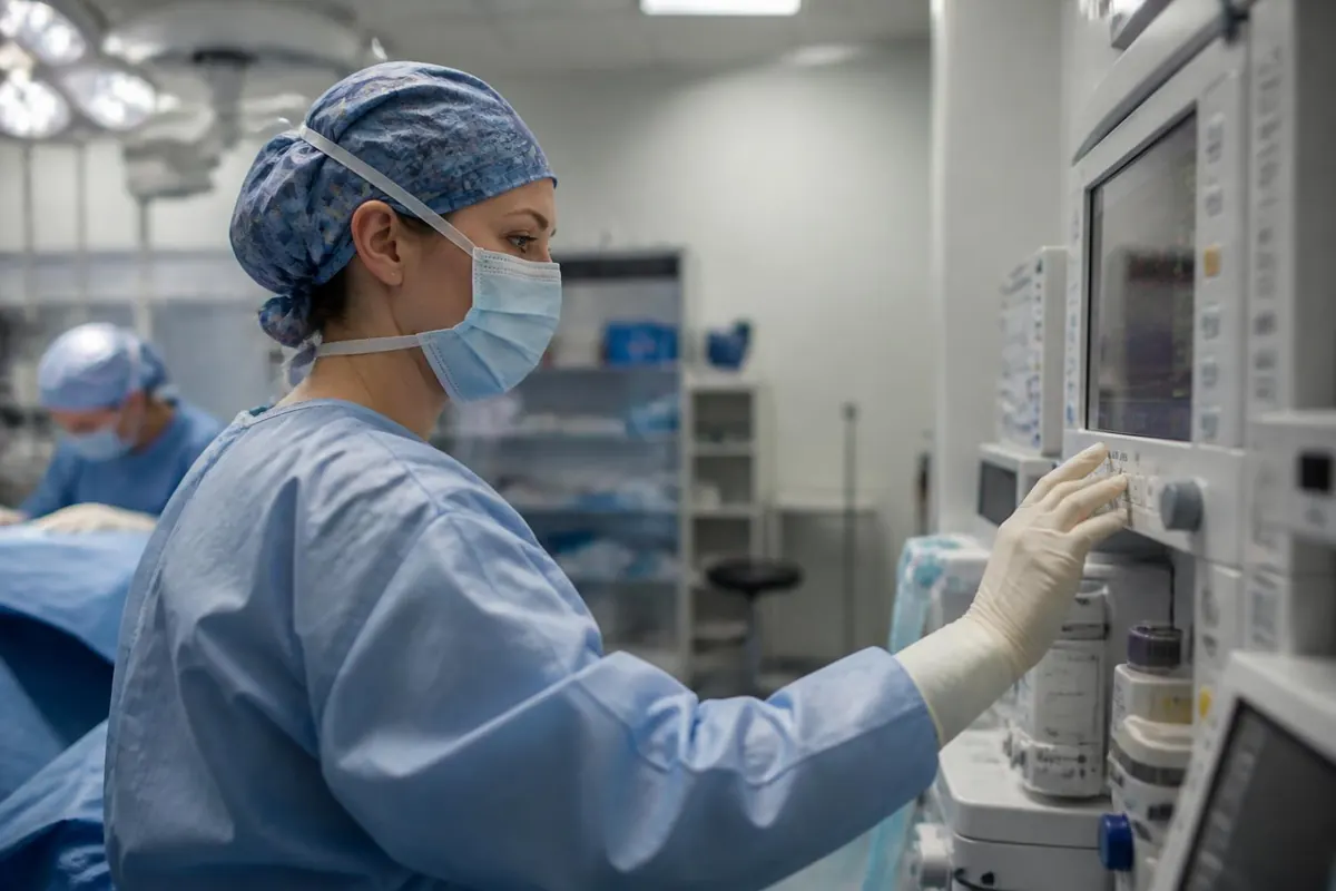 Nurse anesthetist in scrubs adjusting an anesthesia monitor in an operating room. Illustrative image.