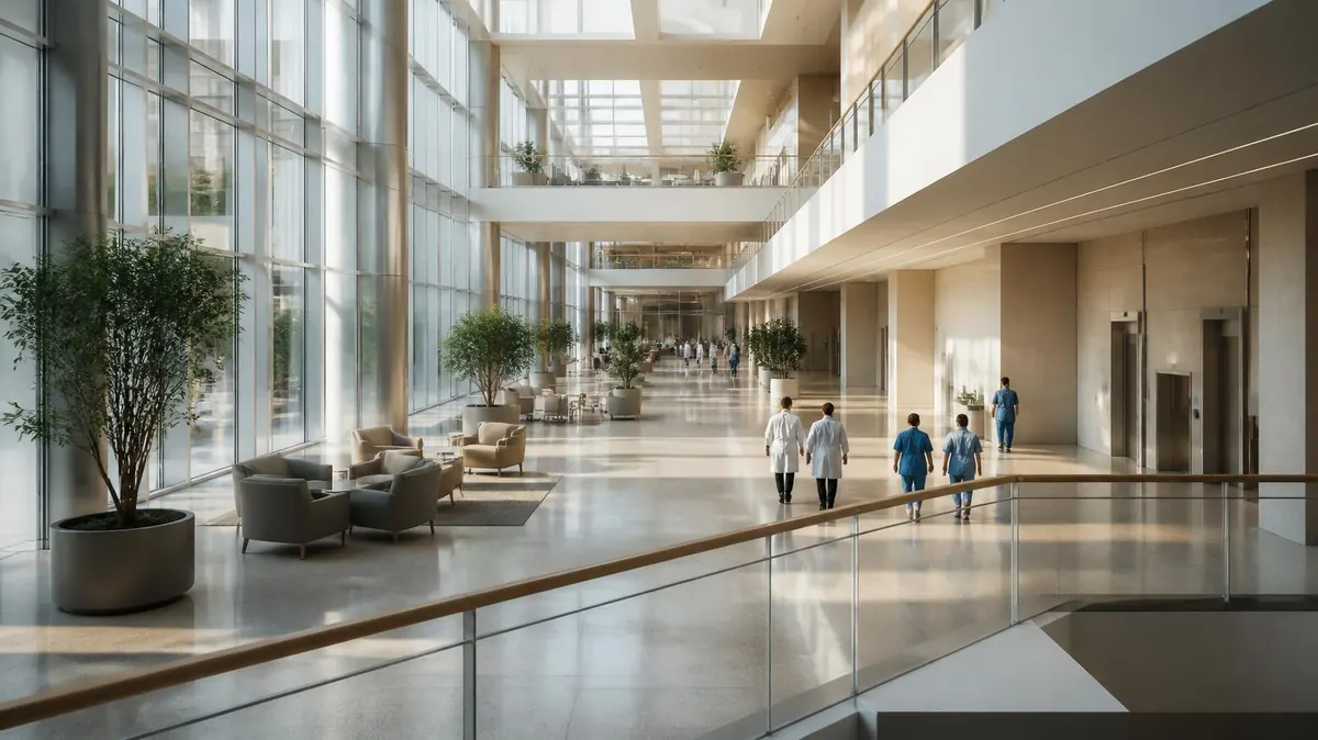 Wide view of a bright hospital atrium with clinicians walking at a distance. Illustrative image.