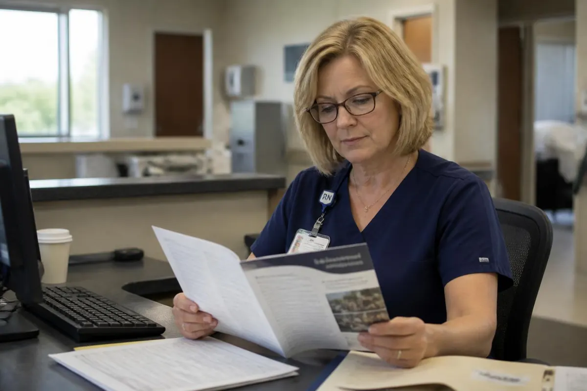 Nurse manager at a desk reading a printed benefits booklet. Illustrative image.