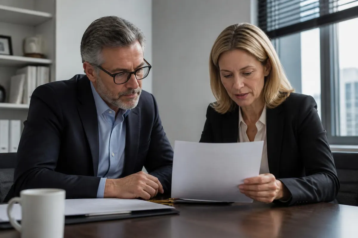 Two business partners reviewing a printed agreement across a table. Illustrative image.