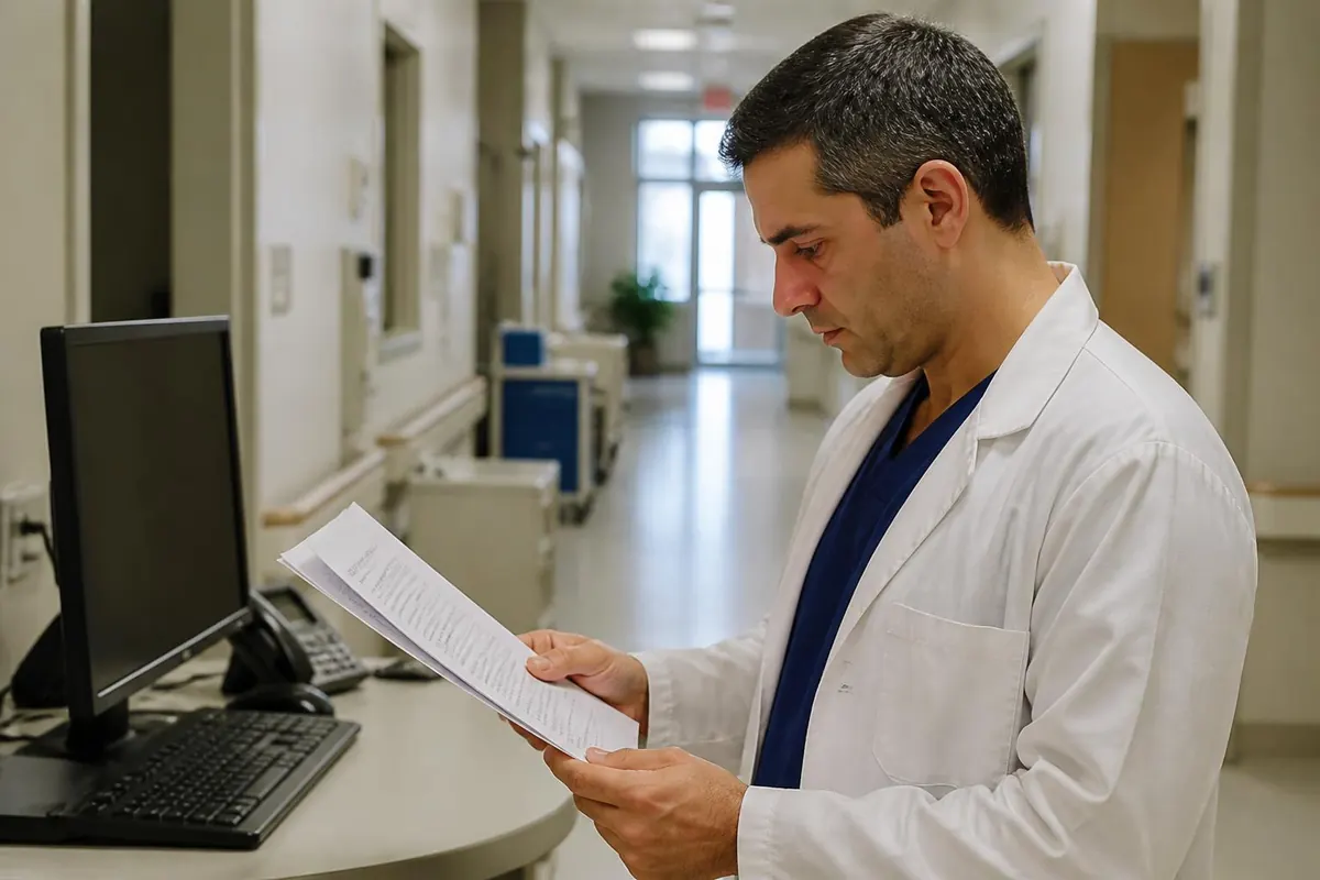 Physician in a white coat reading a printed document at a hospital corridor workstation. Illustrative image.
