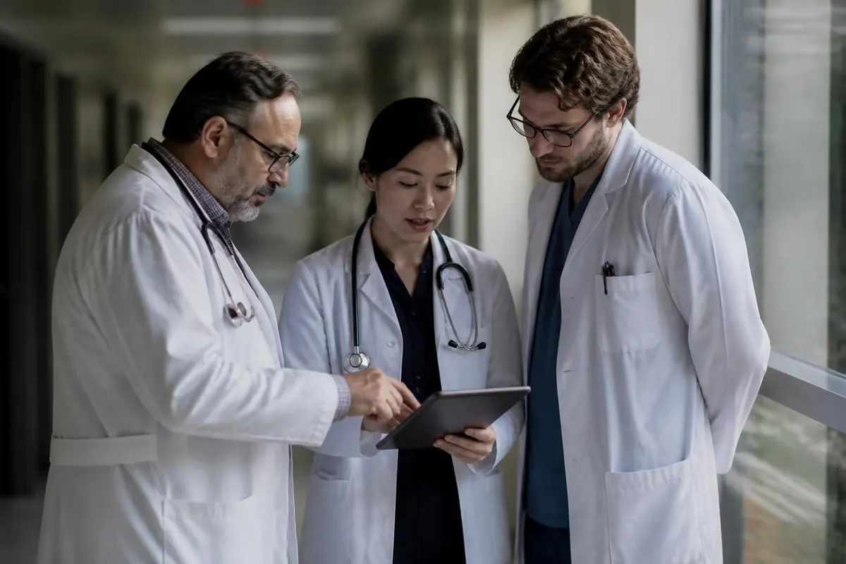 Three physicians in white coats reviewing a tablet in a hospital hallway. Illustrative image.