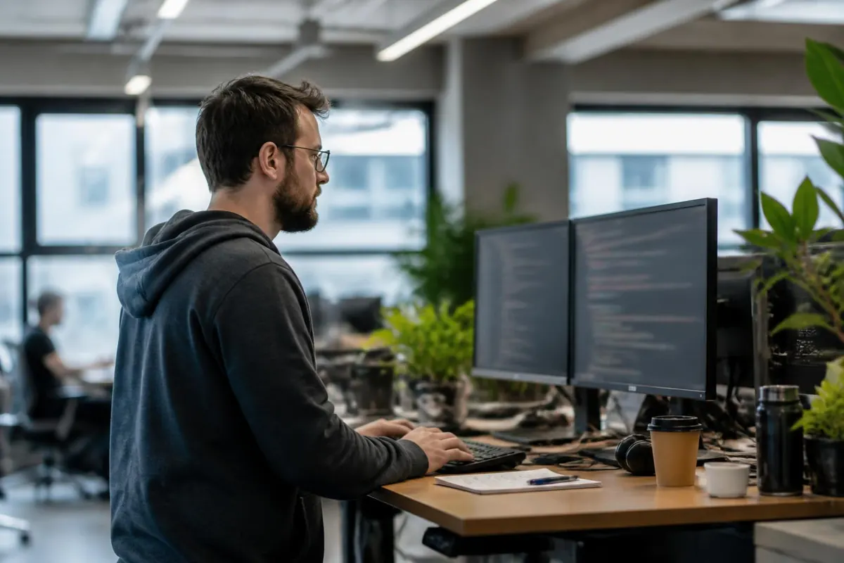 Software engineer at a standing desk in an open office. Illustrative image.